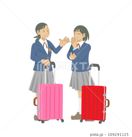 出発を待つスーツケースを持った女子学生たち 109291125
