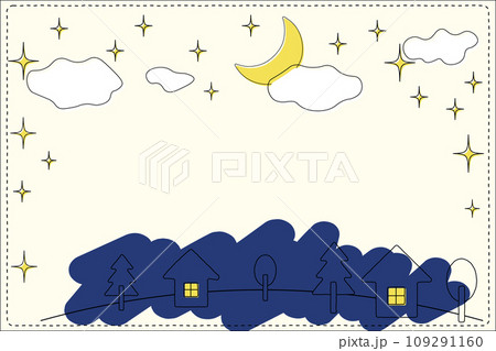 夜の空と月と木々と家のフレーム 109291160