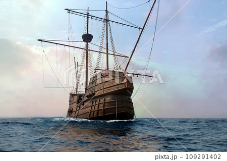 Pirate ship docking at sea on clam ocean water. 109291402