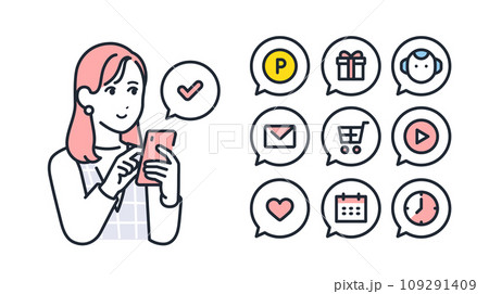 スマートフォンと若い女性のシンプルなベクターアイコンイラストセット素材 109291409