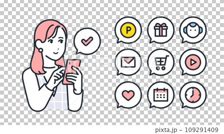 スマートフォンと若い女性のシンプルなベクターアイコンイラストセット素材 109291409