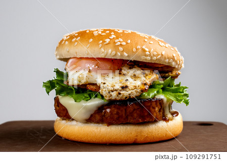 ベーコンレタスエッグチーズハンバーガー プレート 白背景 ベーコンレタスエッグチーズハンバーガー プレート 白背景 109291751