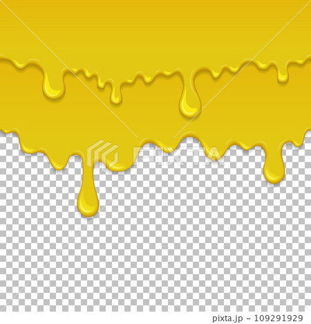 Yellow sticky liquid seamless element. Realistic dripping slime isolated object. Background with golden honey. Popular kids sensory game. Glossy yellow fluid flowing repeatable vector illustration 109291929