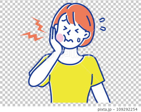 A young woman who has a toothache and holds her cheek with her hand A young woman who has a toothache and holds her cheek with her hand 109292254