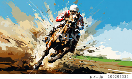 競馬場を駆ける馬と騎手 109292333