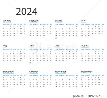 Calendar 2024 year. Vector illustration. The week starts on Sunday. 109292456