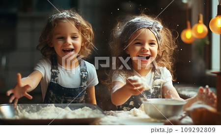 Happy funny kids bake cookies in kitchen. Little chef playing with dough with a pay expression. Creative and Happy childhood Concept. Generative Ai. 109292809