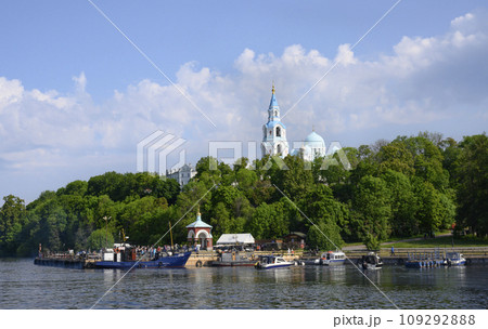 View from Lake Ladoga to the pier of Valaam Island with the famous monastery on the hill 109292888