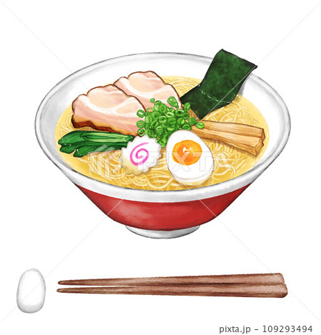 水彩で描いた塩ラーメンと箸と箸置き 109293494