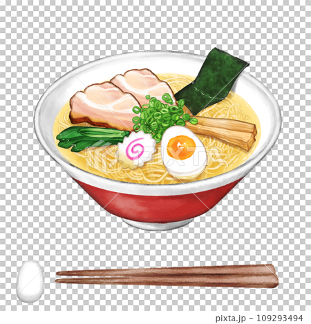 水彩で描いた塩ラーメンと箸と箸置き 109293494