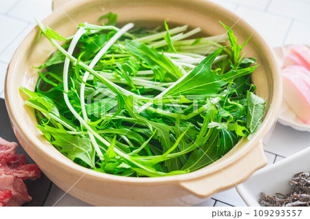 土鍋に入った新鮮な水菜 土鍋に入った新鮮な水菜 109293557