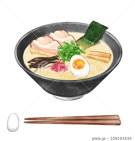 水彩で描いた豚骨ラーメンと箸と箸置き 水彩で描いた豚骨ラーメンと箸と箸置き 109293830
