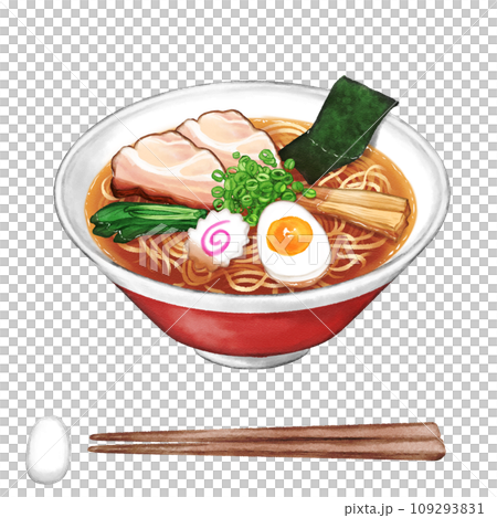Soy sauce ramen, chopsticks and chopstick rest painted in watercolor 109293831