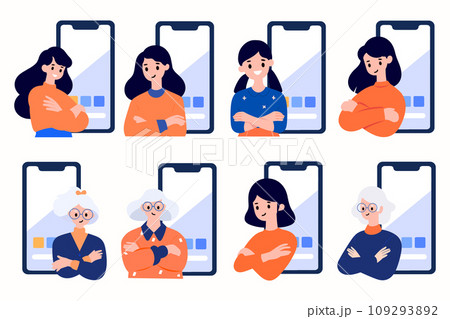 Hand Drawn old woman stands with her arms crossed with confidence in flat style Hand Drawn old woman stands with her arms crossed with confidence in flat style 109293892