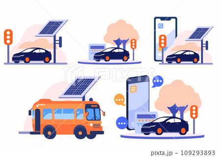 Hand Drawn Electric cars with electric charging stations in flat style 109293893