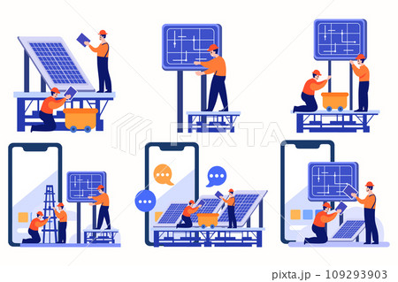 Hand Drawn Engineer installing solar cells in flat style 109293903