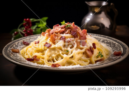 Authentic Pasta Carbonara served in a classic Italian ceramic bowl, close-up showcasing the creamy texture and crispy guanciale with pecorino cheese Authentic Pasta Carbonara served in a classic Italian ceramic bowl, close-up showcasing the creamy texture and crispy guanciale with pecorino cheese 109293996