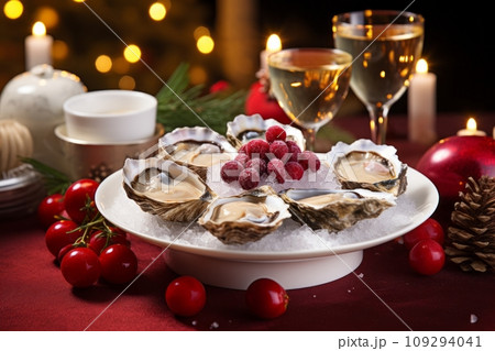 Fresh oysters on ice, adorned with Christmas decorations, set on an elegantly decorated holiday table Fresh oysters on ice, adorned with Christmas decorations, set on an elegantly decorated holiday table 109294041