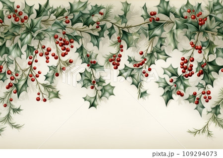 A border of lush green Christmas garland, interspersed with bright red holly berries. The garland is detailed with a light dusting of snow and subtle glitter, set against a soft, neutral background. A border of lush green Christmas garland, interspersed with bright red holly berries. The garland is detailed with a light dusting of snow and subtle glitter, set against a soft, neutral background. 109294073