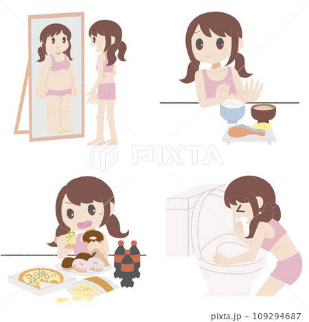 手描き風の摂食障害の若い女性のイラスト4点セット 109294687