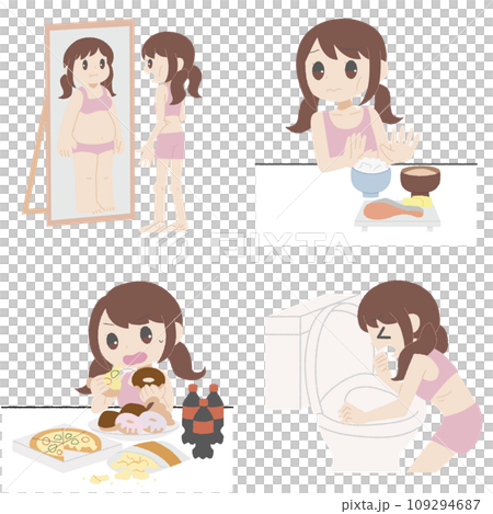 手描き風の摂食障害の若い女性のイラスト4点セット 109294687