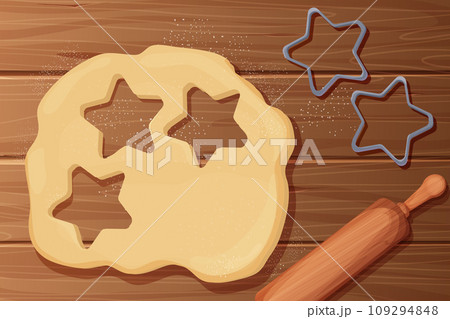 Dough with rolling pin cookie cutter star shape top view cartoon style on wooden table, desk Preparation, cooking. 109294848
