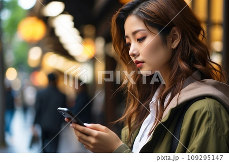 Woman Engrossed in Cell Phone Screen Woman Engrossed in Cell Phone Screen 109295147