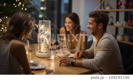 Beautiful, happy couple, guy and girl, sitting at New Years table with friends Beautiful, happy couple, guy and girl, sitting at New Years table with friends 109295190
