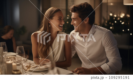 happy couple, guy and girl, sitting at New Years table happy couple, guy and girl, sitting at New Years table 109295191