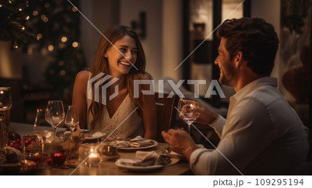 Beautiful, happy couple, guy and girl, sitting at New Years table 109295194