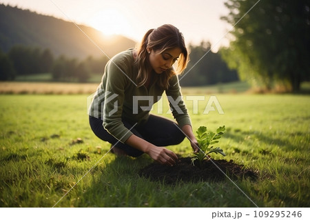 A Woman Kneeling Down to Plant A Woman Kneeling Down to Plant 109295246