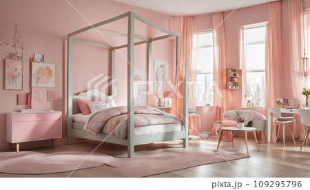 Bedroom for a girl in pastel pink. Four poster bed. Modern interior design 109295796