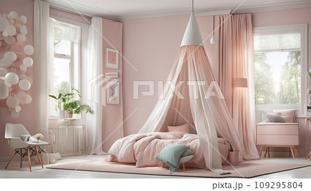 Bedroom for a girl in pastel pink. Four poster bed. Modern interior design 109295804