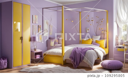 Bedroom for a girl in lavender color. Four poster bed. Modern interior design Bedroom for a girl in lavender color. Four poster bed. Modern interior design 109295805