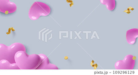 Valentine's Day 3d pink hearts romantic background with copy space and holiday confetti Valentine's Day 3d pink hearts romantic background with copy space and holiday confetti 109296129