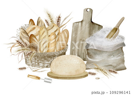 Homemade bread and a bag of flour on an isolated background. A set of watercolor illustrations of baking and cookware, hand-drawn. Composition for the bakery logo and cafe menu. Homemade bread and a bag of flour on an isolated background. A set of watercolor illustrations of baking and cookware, hand-drawn. Composition for the bakery logo and cafe menu. 109296141
