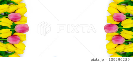Bouquet of yellow with pink tulips on sides on white background. Congratulatory, floral banner. Isolated. Copy space Bouquet of yellow with pink tulips on sides on white background. Congratulatory, floral banner. Isolated. Copy space 109296289