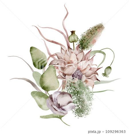 Wildflowers watercolor lush bouquet. Hand-drawn floral illustration of dried plants and herbs on an isolated background. Botanical composition for postcards, logo and badge. 109296363