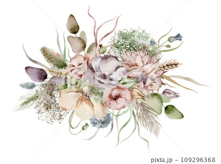 Wildflowers watercolor lush bouquet. Hand-drawn floral illustration of dried plants and herbs on an isolated background. Botanical composition for postcards, logo and badge. 109296368