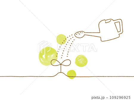 芽とジョウロの水彩と線画の手描きイラスト　01 109296925