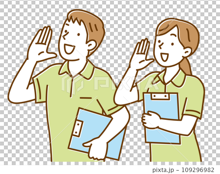 Young male and female caregivers calling out Young male and female caregivers calling out 109296982