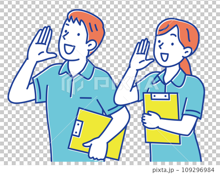 Young male and female caregivers calling out Young male and female caregivers calling out 109296984