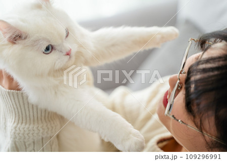 The beautiful young Asian woman is playing with the cute white Persian cat in the living room at home. Pet Animal Concept. 109296991