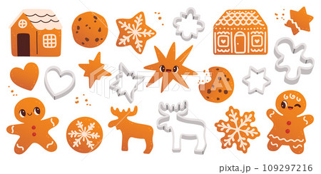 Cute cookies set. Gingerbread house, gingerbread cookies isolated on white. Vector for stickers, cards, scrapbooking. Cute cookies set. Gingerbread house, gingerbread cookies isolated on white. Vector for stickers, cards, scrapbooking. 109297216