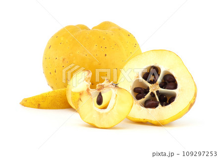 Vibrant quince fruits, both sliced and whole on white 109297253