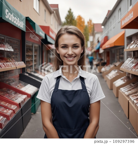 Young woman as a store manager with clothes Young woman as a store manager with clothes 109297396