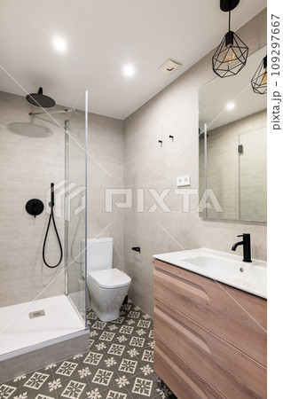 Shower cabin toilet bowl and wash basin in bathroom 109297667