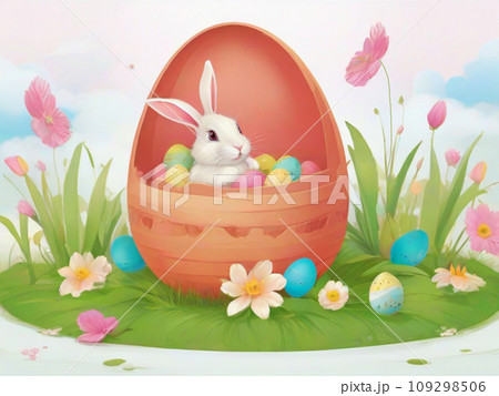 Cute Easter bunny in chocolate egg on lawn with flowers cartoon drawing. Cute Easter bunny in chocolate egg on lawn with flowers cartoon drawing. 109298506
