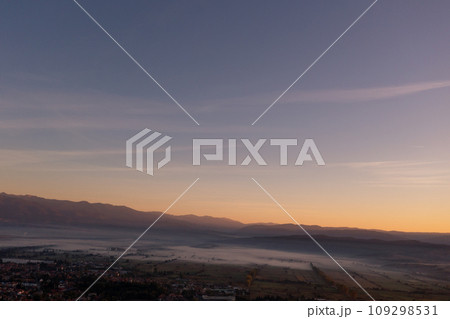 aerial view of foggy morning autumn mountains with clouds bansko bulgaria 109298531