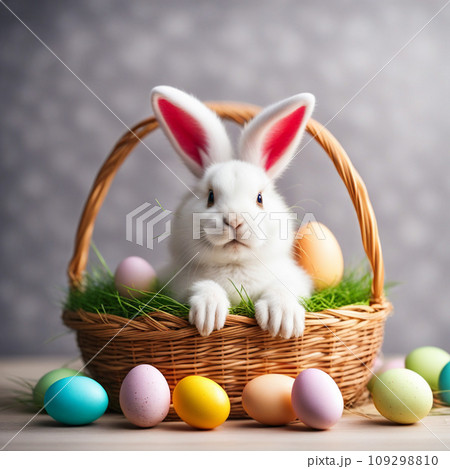 Fluffy gray bunny in a basket with Easter eggs on a dark background 109298810